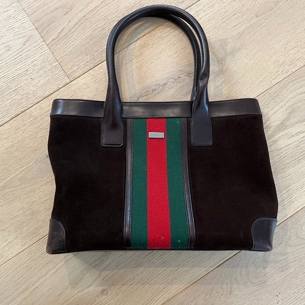 Vintage Classic Gucci Tote Chocolate Brown Suede Striped Web Accent